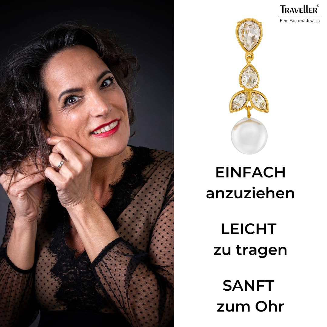 Traveller Ohrclips - Hänger - Damen - 22kt Vergoldet - Perle - Ø 10mm - Weiß - Kristalle - 35x10mm - 114363