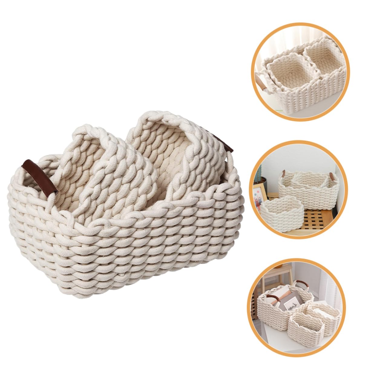 STOBAZA Cesta de Almacenamiento Tejida de Algodón, 1 Juego, white | Cuero y Cuerda de Algodón, Diseño Nórdico Sencillo, para Peine y Teléfono, Uso Doméstico Práctico y Cómodo