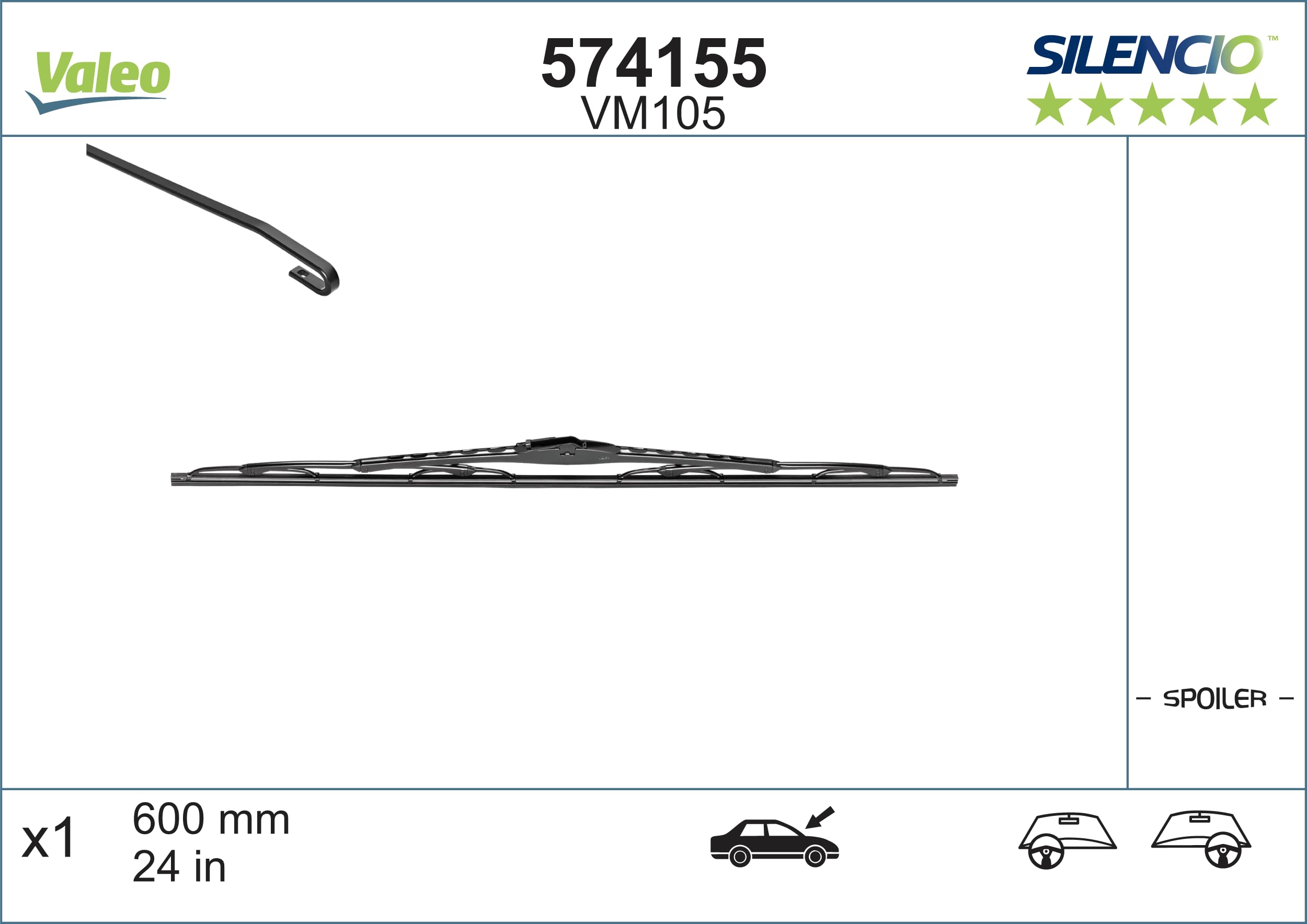 VALEO Silencio VM105 Tergicristallo 600mm – Spazzola Originale Con Spoiler E Gomma VisioRubber, Anteriore Singola