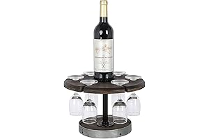 MyGift Solid Rustic Burnt Wood & Galvanized Metal Wine Glasses & Bottle Holder Stand Tray