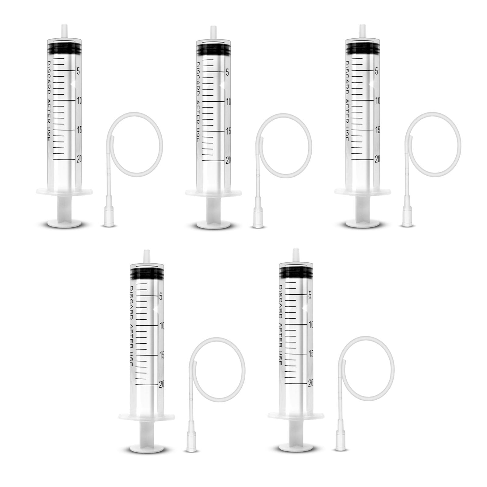 5 Pack-20ml Ink Syringe with 16Ga Metal Distribution Tubes and Soft Plastic Tube Suitable for Glue Application,Liquid Dispensing and Measuring, Pet Food Feeding,Refilling Ink Cartridges or CISS