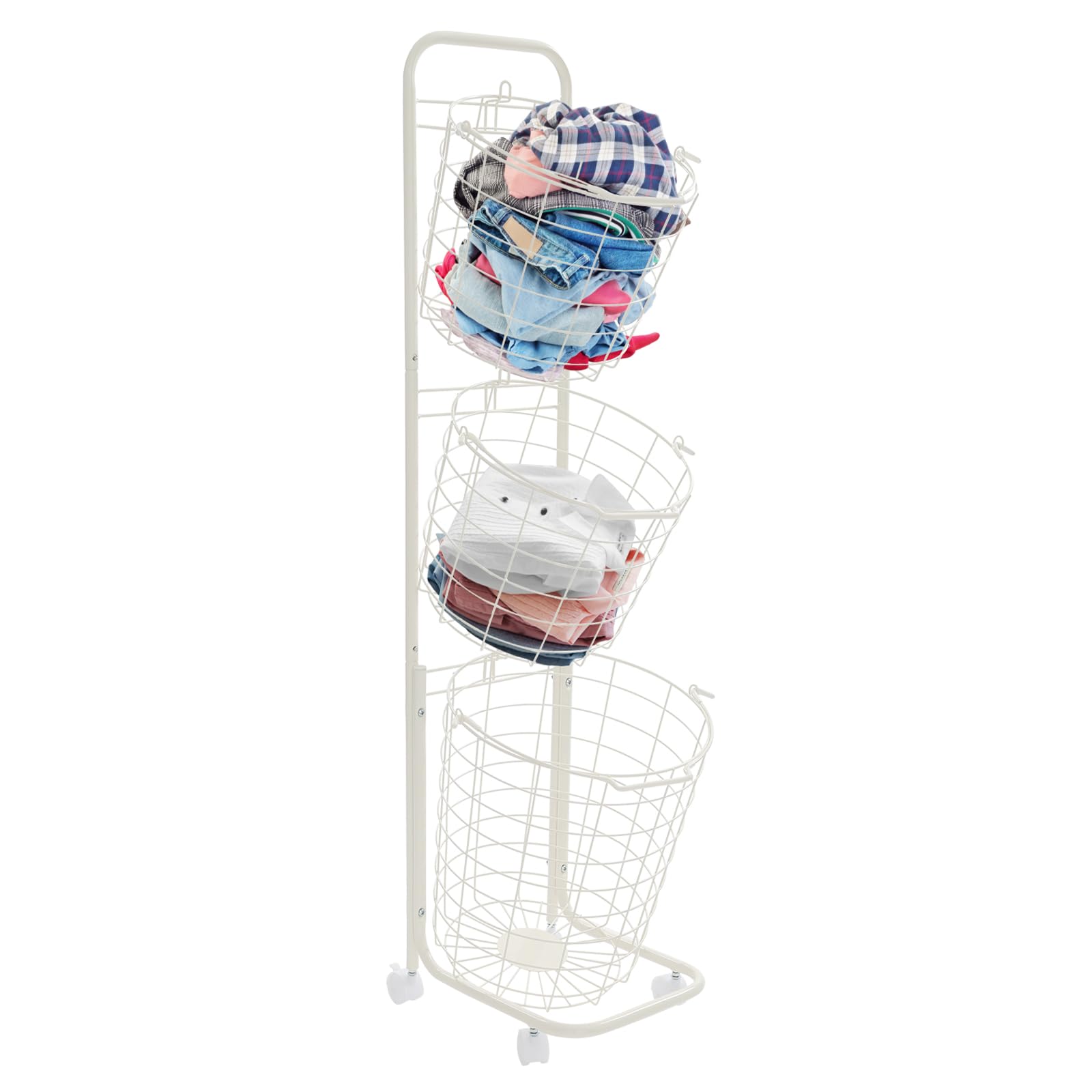 3 Tier Laundry Basket with Wheels, Durable Metal Laundry Sorter Trolley 48.4 * 14.2 * 13inch, White Tiered Hamper w/Removable Baskets for Saving Place at Home Dorm or Bathroom