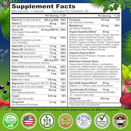 Image of Men's Daily Multivitamin 50 Plus - Vegan Methylated Multivitamin for Men 50 and Over - Saw Palmetto, Biotin, Organic Superfoods, Lutein - Eye, Energy, Gut, Health Support - Easy to Swallow Capsules