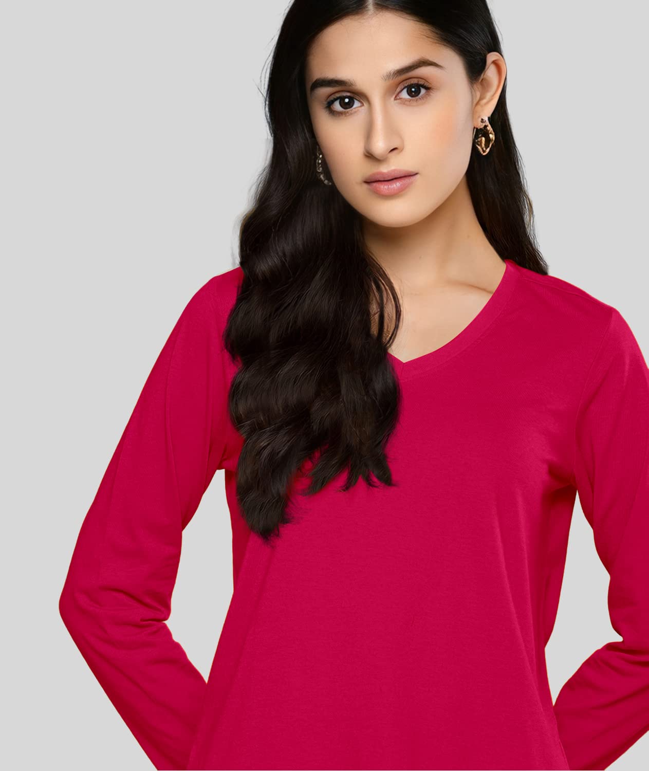 TVP Fashions Premium Plain Women V Neck Full Sleeves Cotton Tshirt. Festive,Offer,Discount,Sale,Limited Edition, Trending Tees and Tshirts. (DarkPink_Small) 1