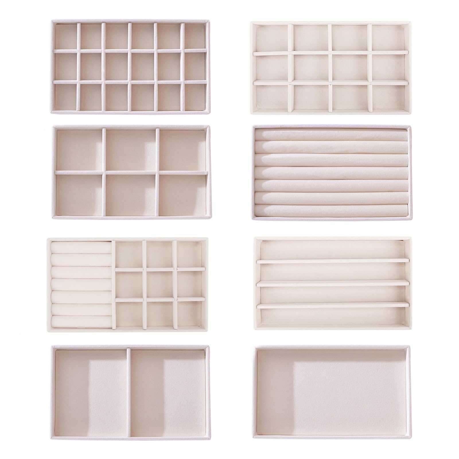 Lilanjumo Beige 8 Pack Velvet Jewelry Organiser Tray, Jewellery Organisers For Drawers, Stackable Jewelry Tray Drawer Insert Divided Storage Holder, Necklace Bracelet Display Tray For Rings Earrings Storage (Beige)
