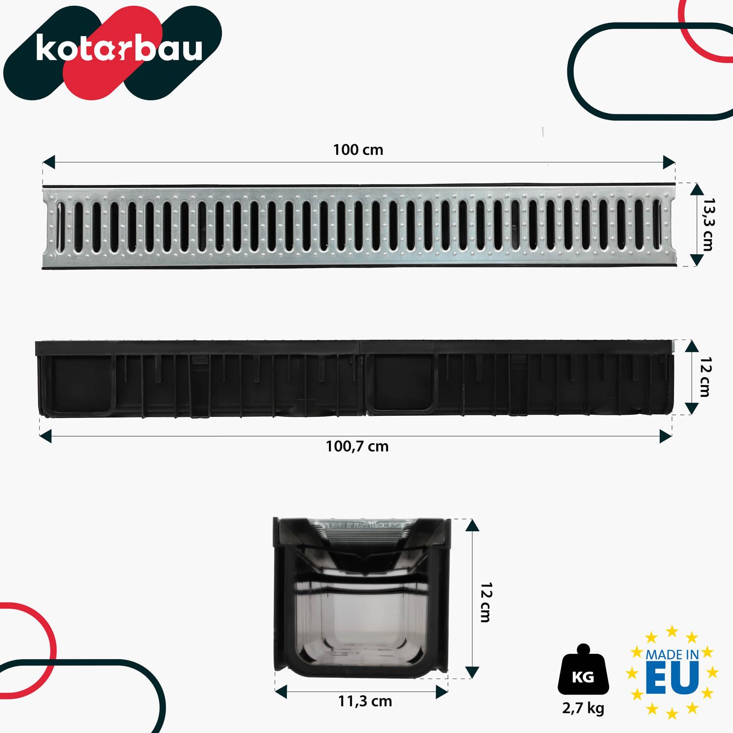 KOTARBAU® Canaleta de drenaje para garaje, sistema A15 EN1433 de 121 mm, rejilla de acero galvanizada, juego completo de canaleta para drenaje de agua de lluvia, canalón de suelo