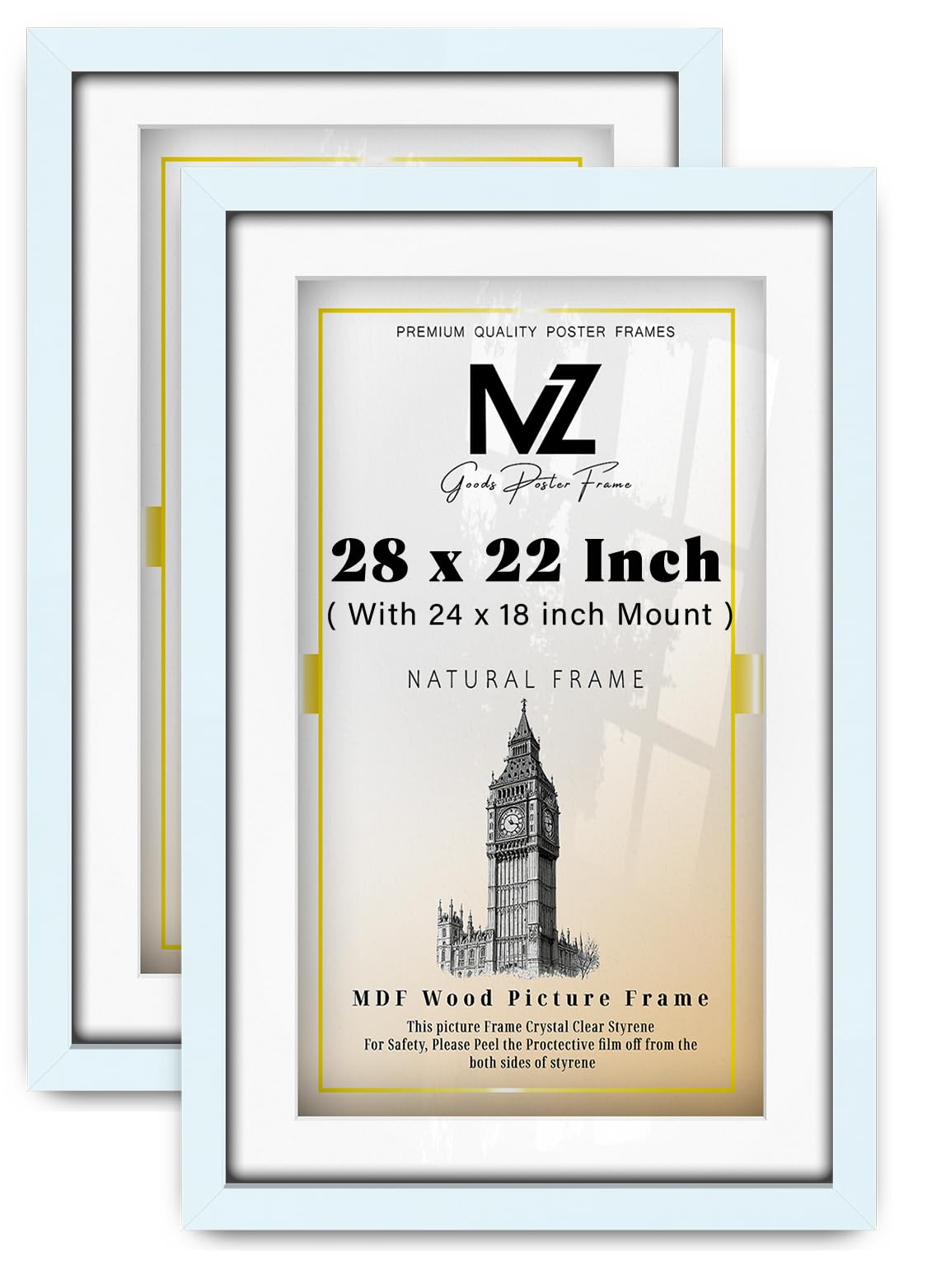 MZ GOODS pack of 2 MDF Engineered Wood Wall Frame (71.12 x 55.88 cm) With 609.6 x 457.2 mm White Mount Stylish Hanging | 22 x 28 Inch Poster, Certificate, Painting, Artwork Display Frame [ White ]