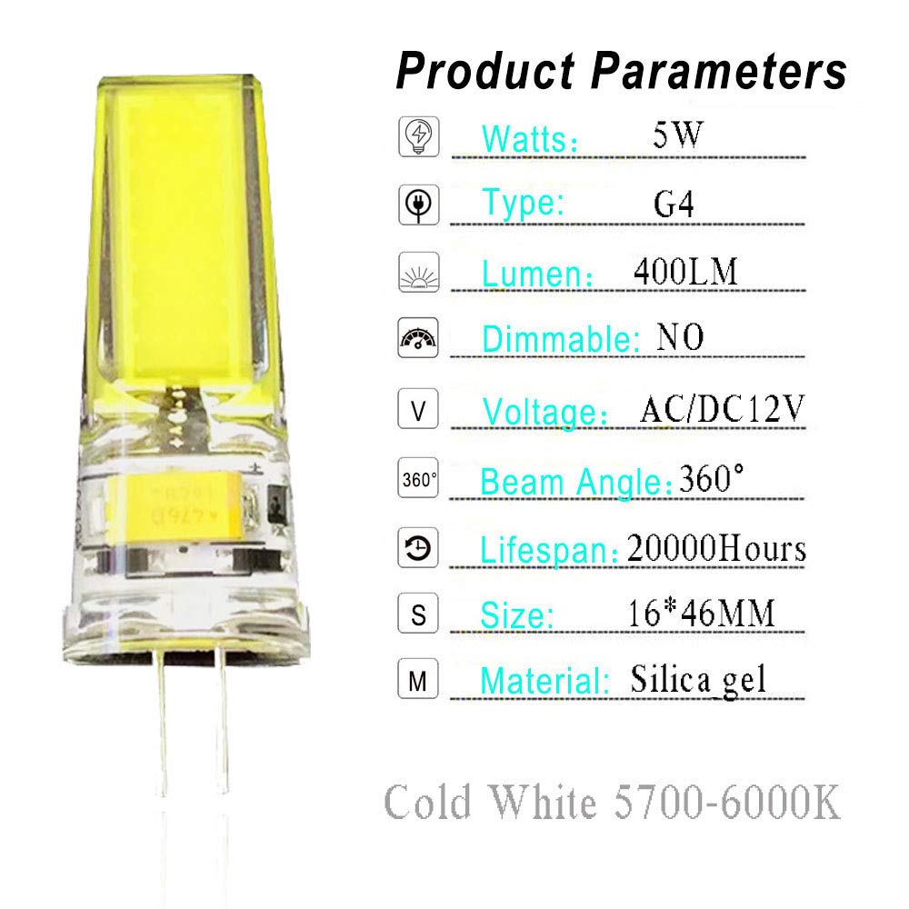 5W G4 LED Bulb Bi-Pin Base COB Light Bulbs Lamps AC DC 12V Cold White 5700k-6000k 400LM Super — view 3