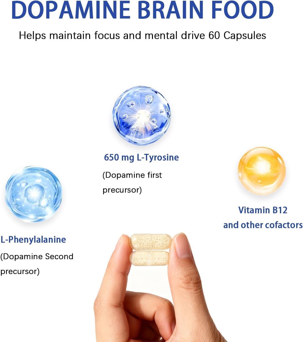 L-Tyrosine 650mg Dopamine Support Supplement - Focus & Mental Drive Booster for Clarity, Motivation & Productivity - Neurotransmitter Support Brain Supplement for Work & Study - 60 Capsules - Image 4