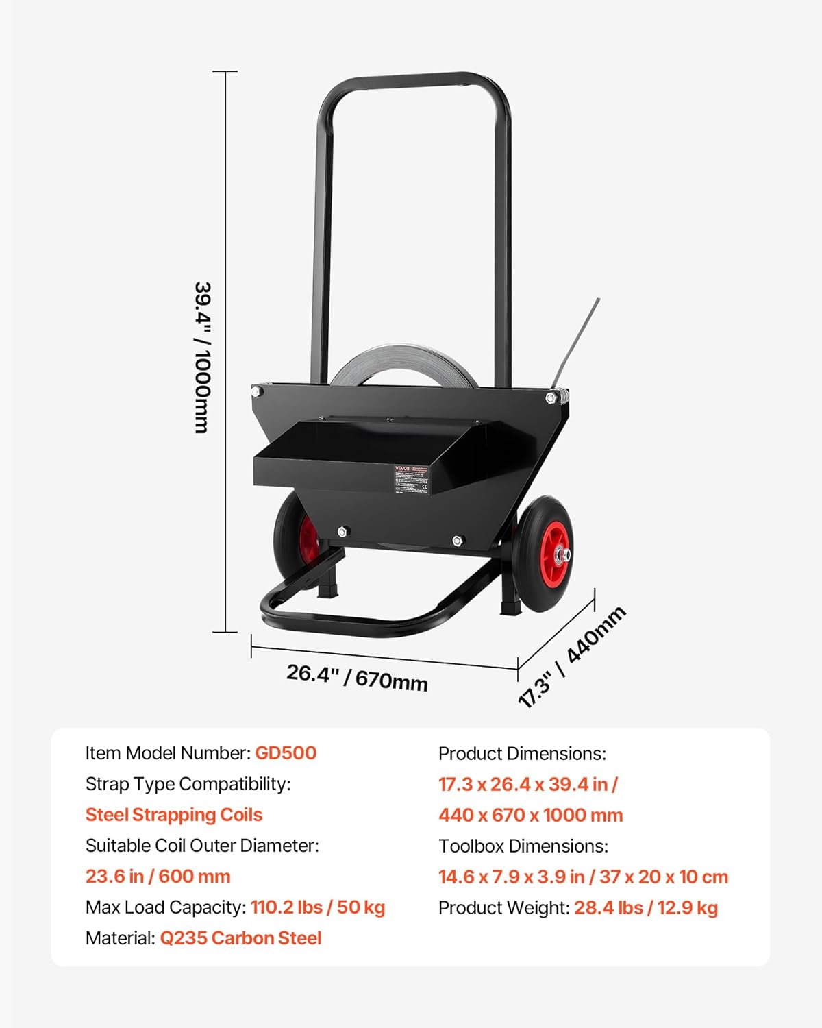 VEVOR Banding Strapping Cart, Fit for Steel Strapping Coils with 23.6 inches Core Outer Size, Heavy Duty Strapping Dispenser with Rubber Wheels, Suitable for Factory, Warehouse, Loading Area