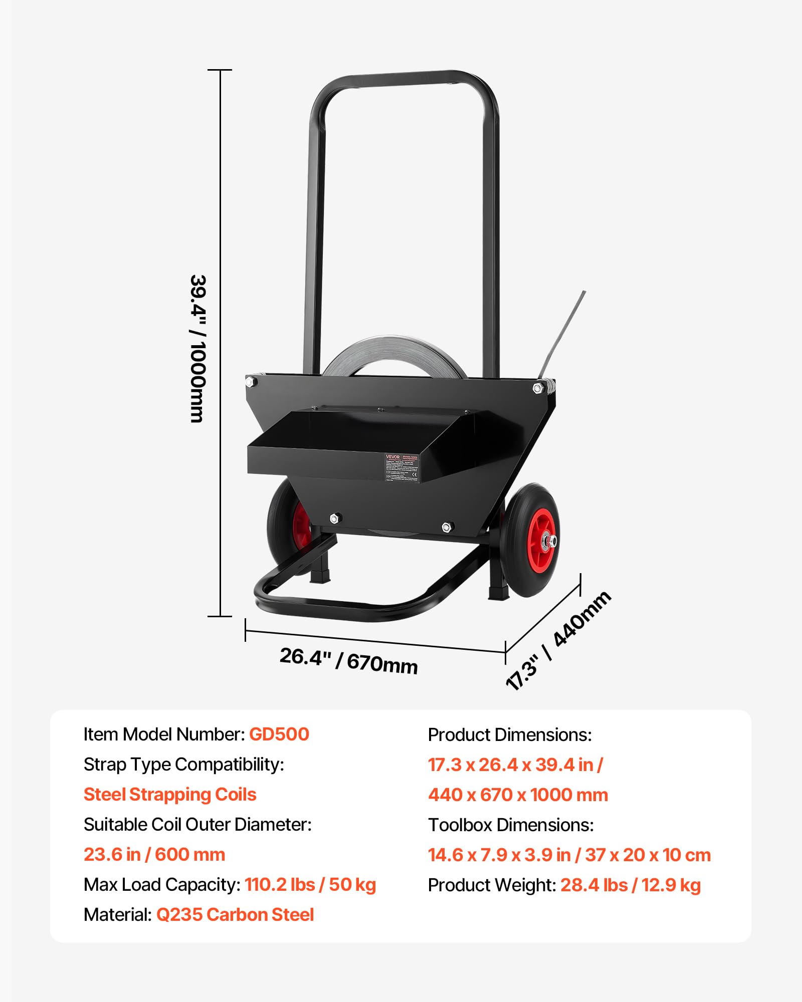 VEVOR Carrello per Reggiatura, per Bobine di Reggette in Acciaio con Diametro Esterno del Nucleo di 600 mm, Distributore di Reggette con Ruote in Gomma, per Fabbriche, Magazzini, Aree di Carico