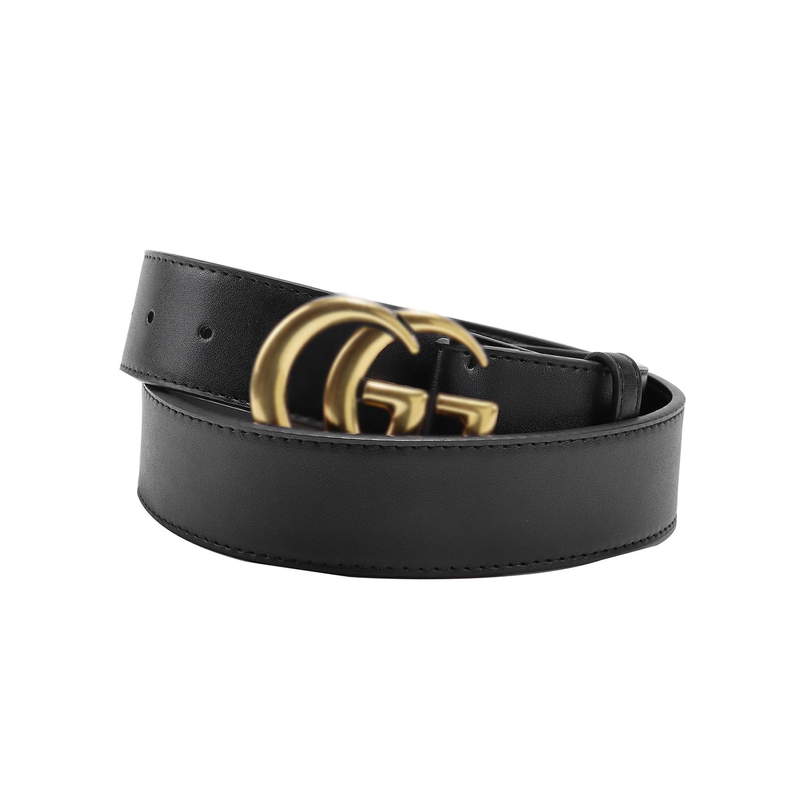 Women Leather Belt for Jeans Pants Black Belt with Yellow Gold Buckle