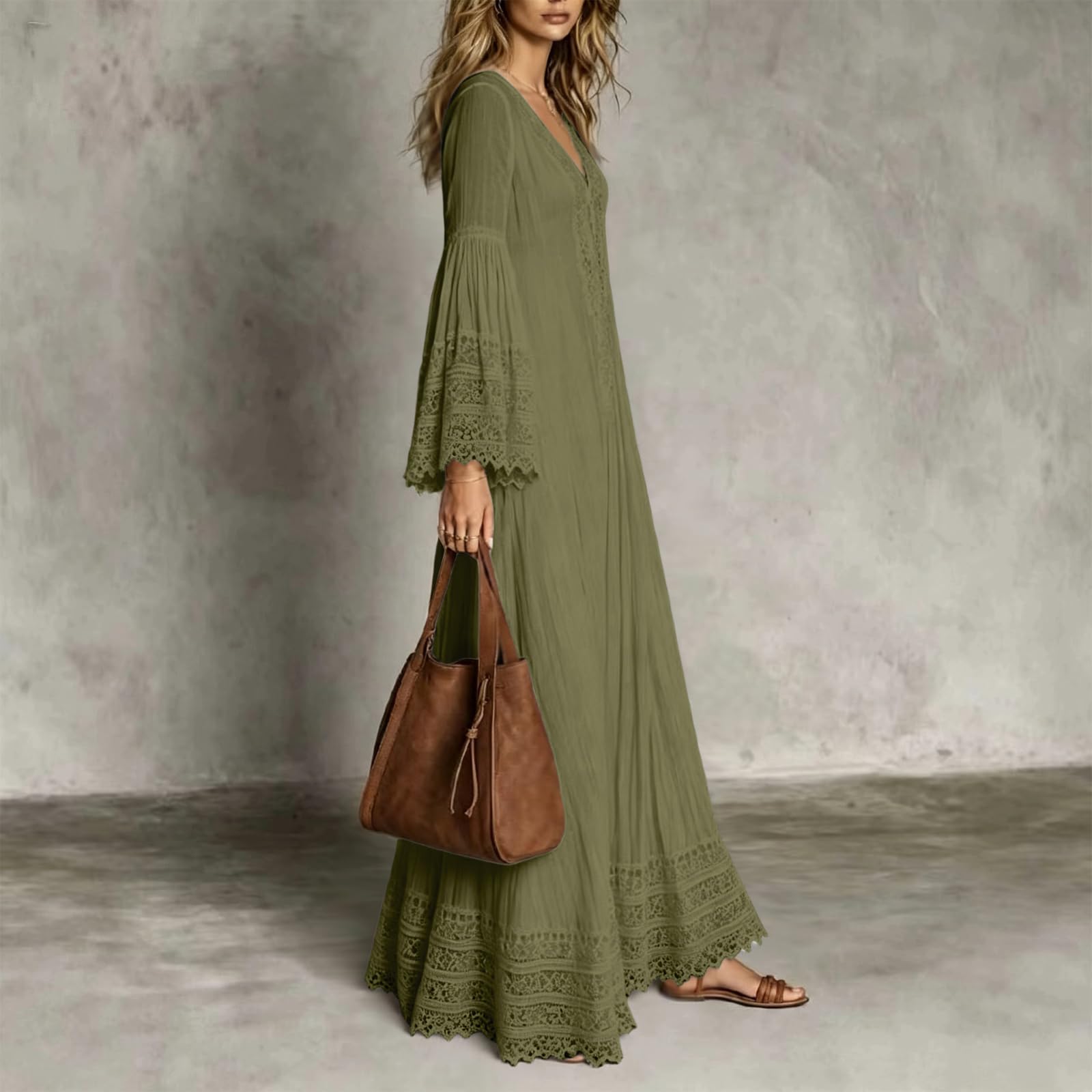 Generisch Boho Maxikleid Damen Langarm Herbstkleid Damen Vintage Kleider