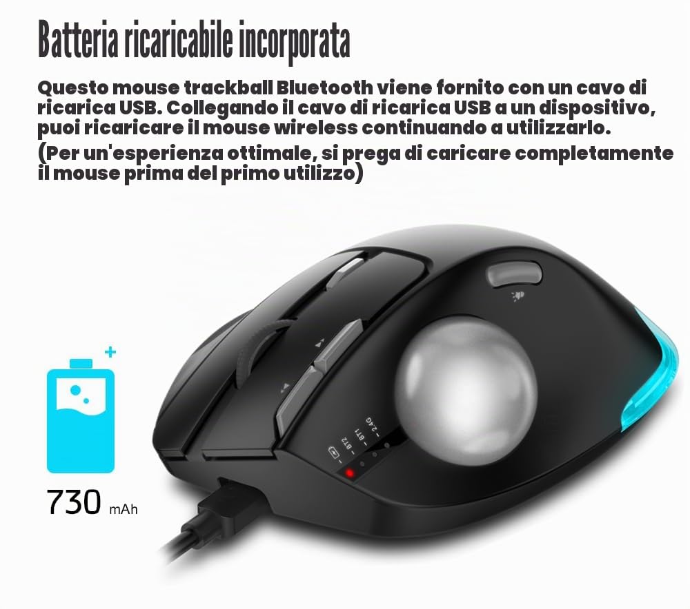 zelotes Mouse Trackball Bluetooth Wireless,Ricaricabile,4800DPI,8 Pulsanti,BT 5.0/3.0 + 2.4G,LED,Design Ergonomico,Mouse Senza Fili per PC,Laptop,Tablets,Nero