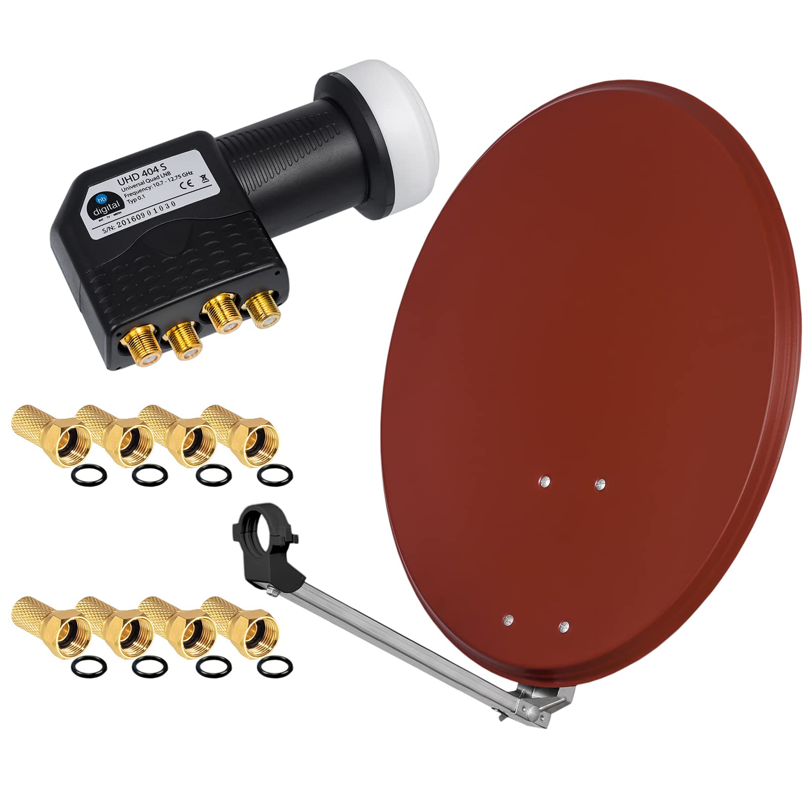 Cyfrowe urządzenie satelitarne HD 60 cm stal lustro miska ceglana czerwień + konwerter Quad LNB 4 uczestników DVB-S/S2 Full HD 3D 4K Ultra HD (UHD) + wtyczka gratis w zestawie