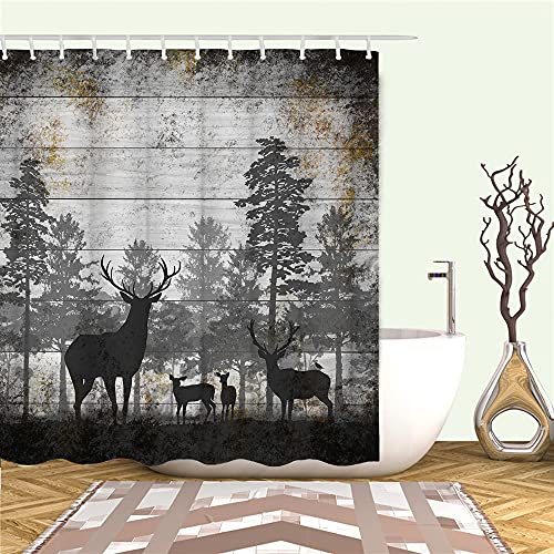 Rnnjoile Rustic Deer Shower Curtain Wild Animal In Black And Grey Forest Bath Curtain Vintage Elk Bathroom Decor Waterproof Fabric Cloth With 12 Hooks 72"X72" #TOP2