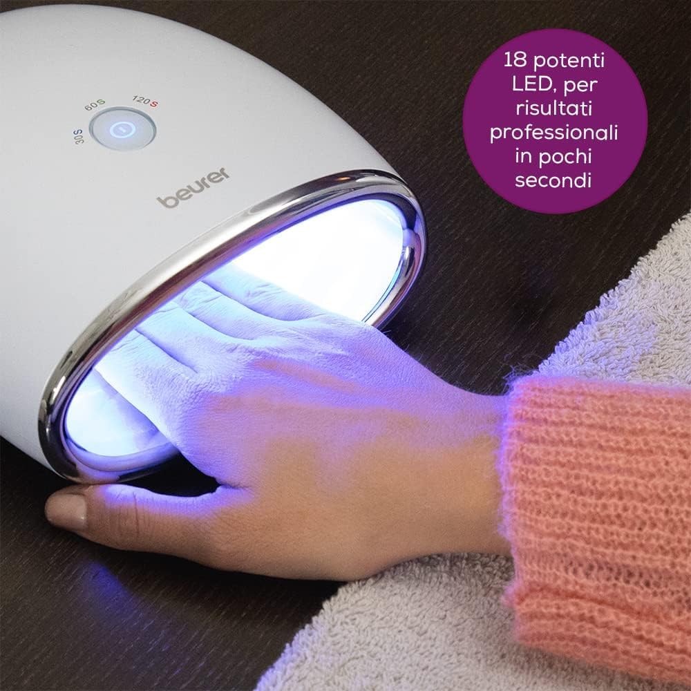 Beurer MP 48 Asciugatore Unghie per modellazione e indurimento Gel LED/UV, Funzione timer con 3 diverse impostazioni: 30, 60 e 120 sec, 18 potenti LED, fondo riflettente e design compatto, 24 W