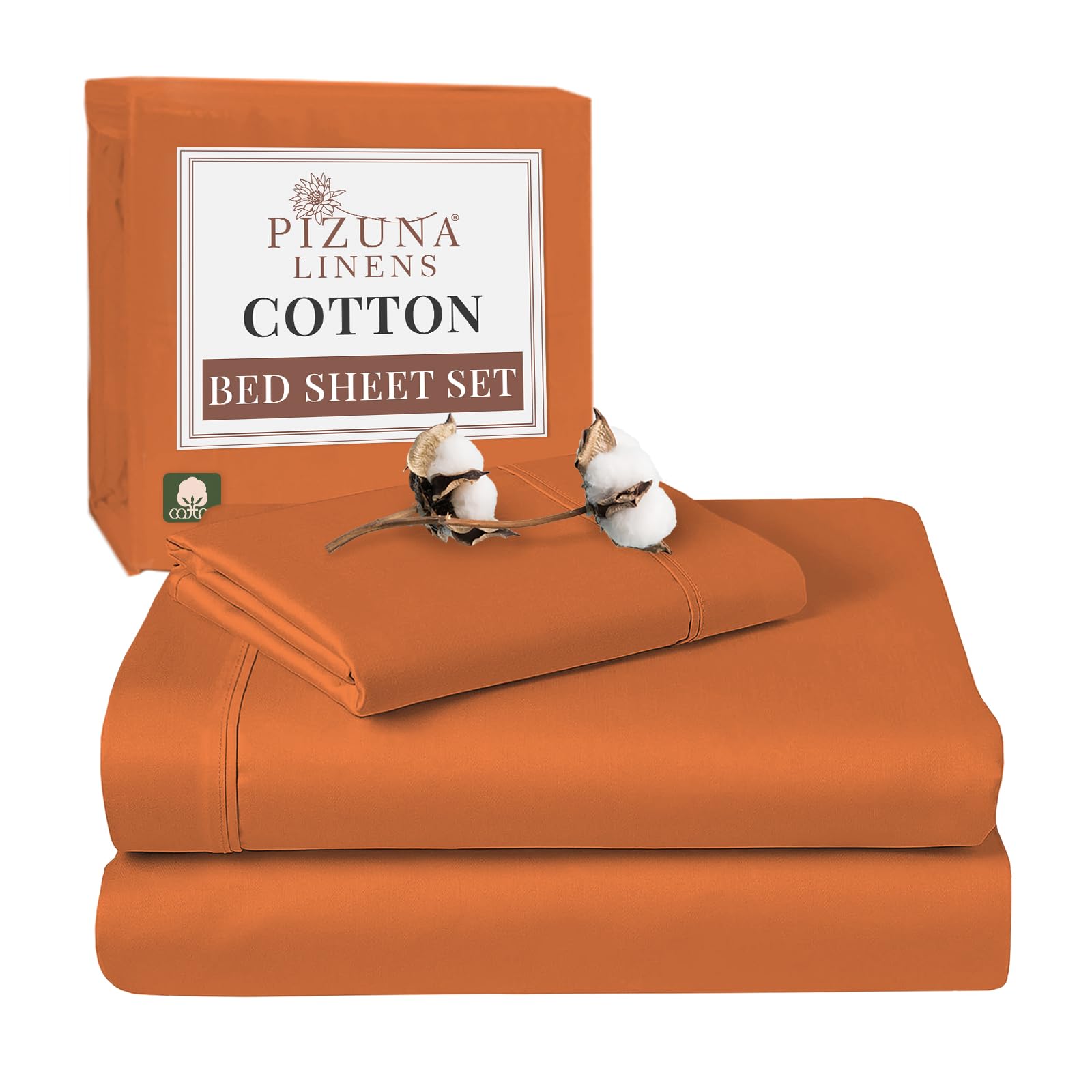 Pizuna 100% Cotton Single Bed Sheet Set Burnt Orange, 400 Thead Count Long Staple Cotton Bedding Set 180x280 cm, Soft Sateen 3 PC Single Bed Sheet Set - Fitted Sheet, Flat Sheet & 1 Pillowcase