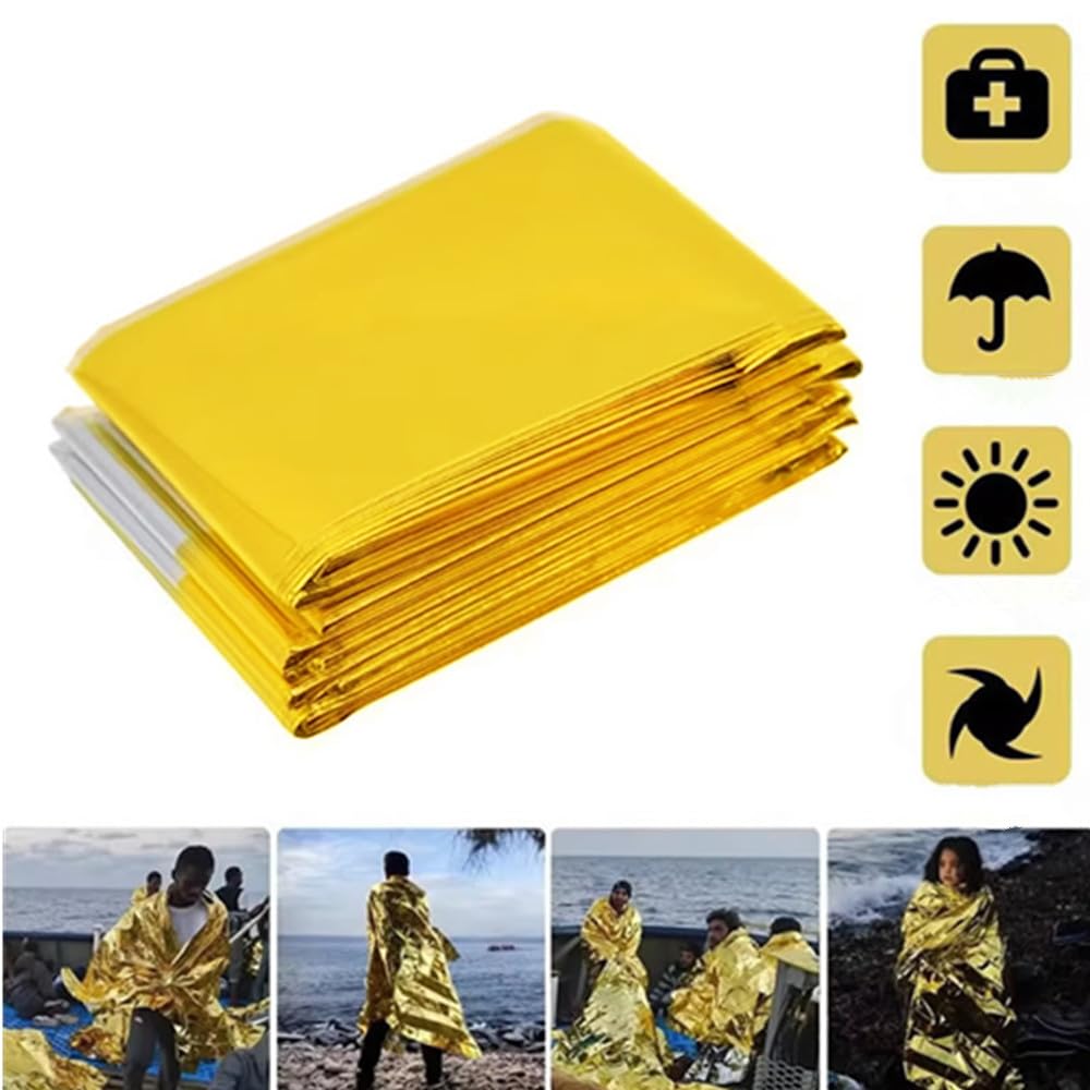 Lot de 10 couvertures thermiques d'urgence, couverture thermique en or argenté, pour sauvetage, protège du froid, de la chaleur et du vent, de la pluie, de la couverture thermique de survie, 160 x 210
