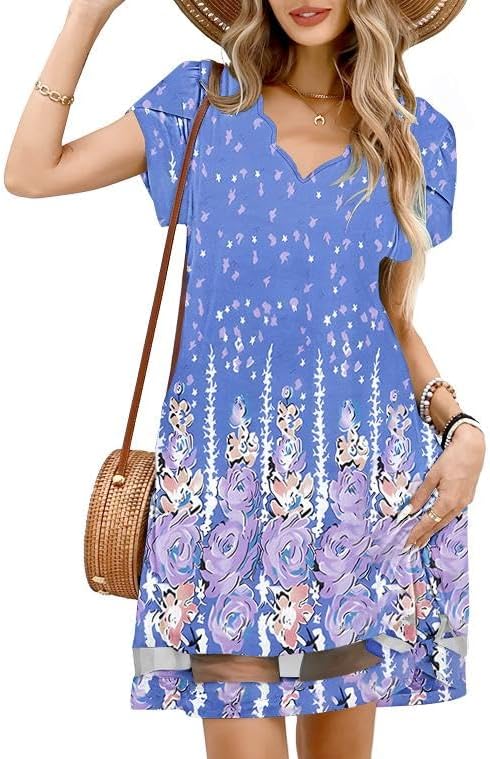 ETCYY NEW Womens Summer Dresses Mesh Hem Petal Short Sleeve Dress Floral Print Daily Sundresses with Pockets - Image 2