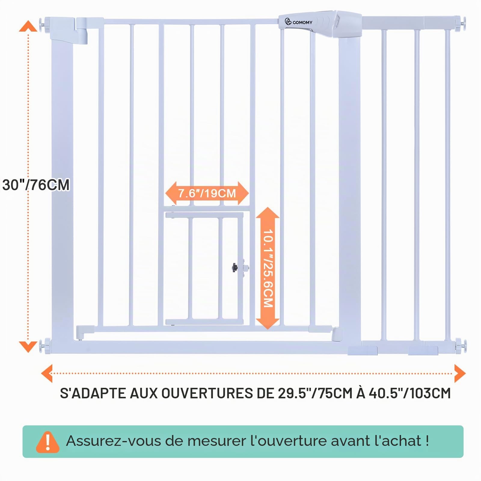COMOMY Barrière de Sécurité, 75-103cm Barriere Escalier pour Bébé, sans Perçage Barrière à Pression pour Chat et Chiens, Fermeture Auto, Extensible, Métal Blanc
