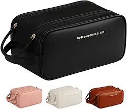 Necessaire Bolsa Organizadora de Maquiagem Couro Sintético Grande Capacidade com Duas Camadas, Alça Lateral, Divisórias Internas e Suporte para Pincéis – Ideal para Viagem (Preto)