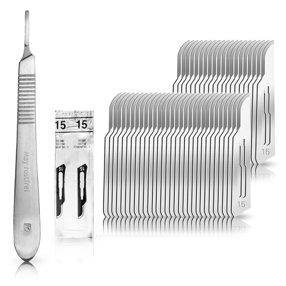 Set - 50 piezas hojas de bisturí No. 15 y mango de bisturí No. 3 - Hojas de repuesto para bisturí hechas de acero al carbono - Estéril
