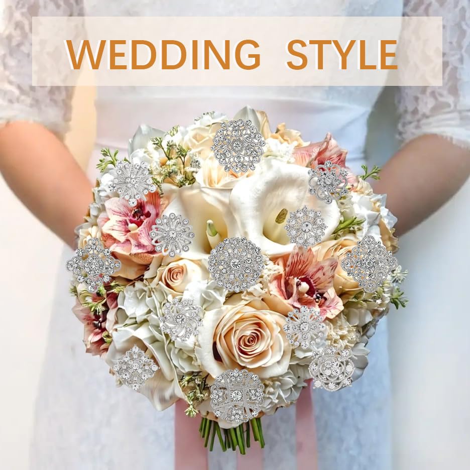 Image of 26 Pieces Wedding Bouquet Bulk Brooches for Women Fashion, Large Rhinestone Flower Brooch Pins for Crafts