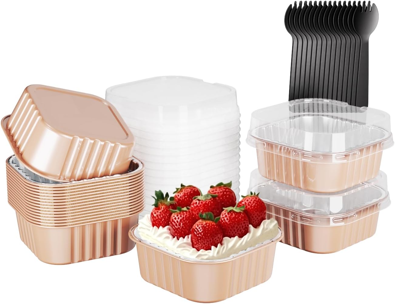 15 pack square mini cake pans with lids,mini loaf pans with lids,disposable ramekins cupcake cups,aluminum foil baking cups,muffin tins,dessert cups for wedding birthday party,10oz (champagne) 15 champagne