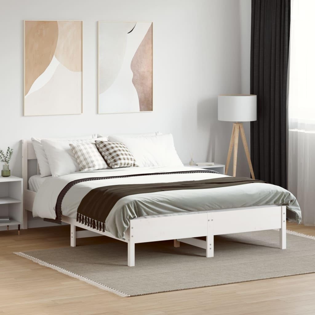 VidaXL Cadre Lit Double 140x190 Cm Bois Pin Massif Blanc – Sommier à Lattes Avec Tête De Lit, Pieds Inclus, Style Moderne Chambre