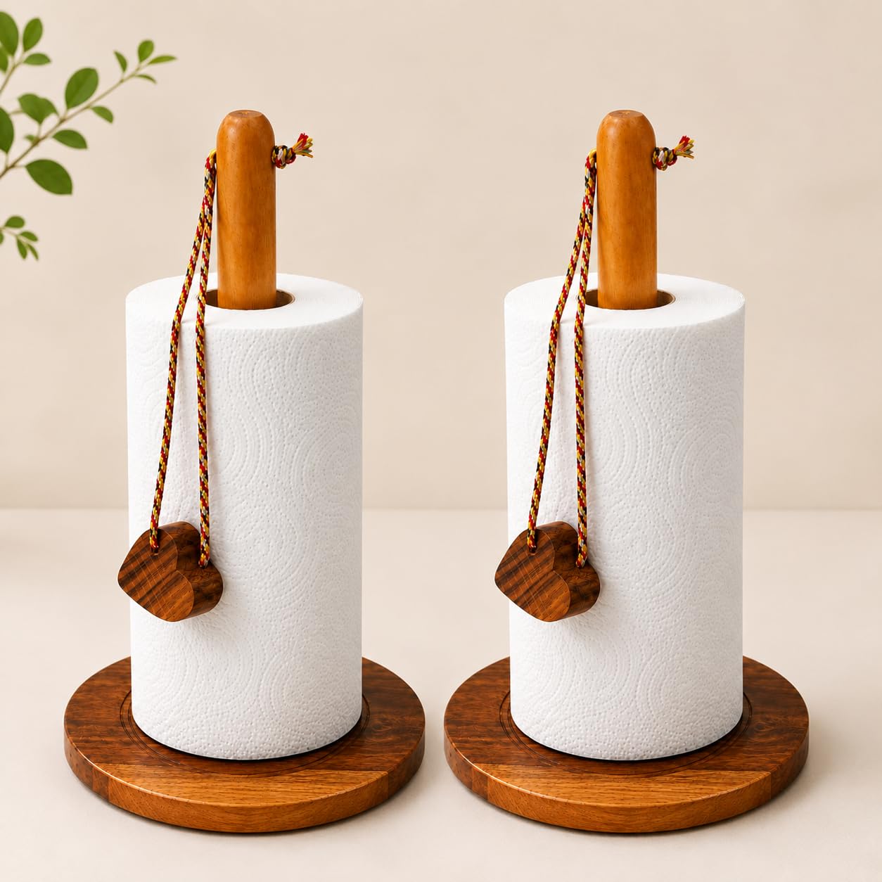 premium sheesham wood tissue roll holder vertical paper towel stand with decorative heart charm countertop organizer for kitchen dining table bathroom (brown, pack of 2)