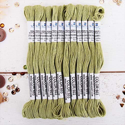 Image of 12 Skeins ThreadArt Cotton Embroidery Floss, Moss Green | Long fiber cotton embroidery floss for cross stitch, hand embroidery and bracelets. Six-strand floss separates easily.