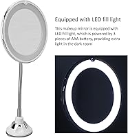 Vista 3 de Espejo de aumento giratorio de 360°, funciona con pilas, aumento de 10X, flexible, inalámbrico, cuello de ganso, luz de relleno LED, ventosa, cuello