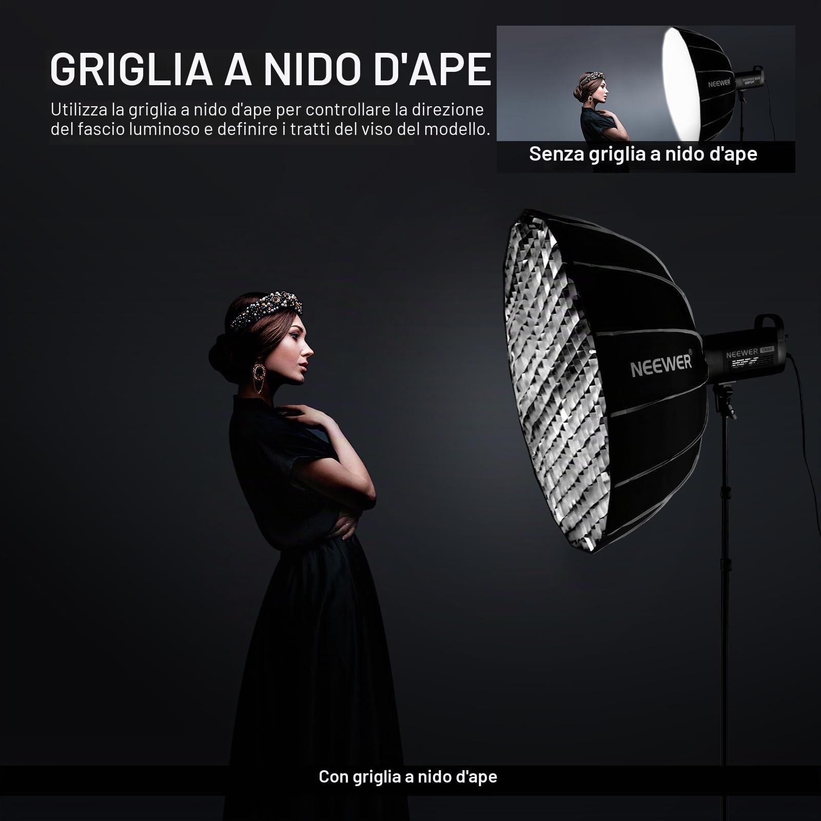 NEEWER Softbox Parabolico 85cm Con Attacco Bowens – Apertura Rapida A Ombrello, Con Diffusori, Griglia A Nido D'ape E Borsa, Per Studio E Ritratti