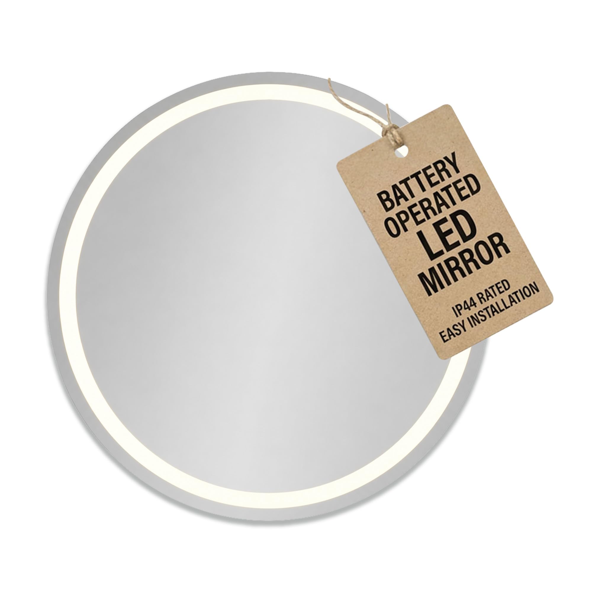 Pebble Grey Bathroom Mirror 500x500mm Frameless Design โ Laurel Round Wall Mirror with Lights, Battery Powered, Rocker Switch, Wireless Natural White LED Illuminated Vanity Bathroom Decor