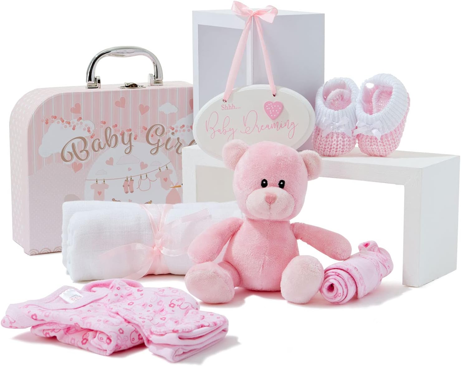 Baby Box Shop - Baby Girl Gifts in a Baby Girl Gift Set. This Baby Girl Keepsake Box Includes Baby Girl Newborn Essentials - Baby Gift Set, Baby Hamper, Newborn Gift Set, Baby Gifts for Girls (Pink)