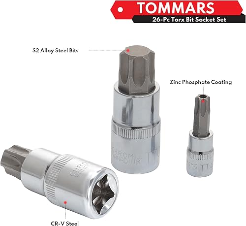 Miniatura 4 de TOMMARS Juego de llaves Torx de 26 piezas, Torx Star a prueba de manipulaciones de puntas de seguridad 14", 38", 12" Drive T Sockets T10-T70 y
