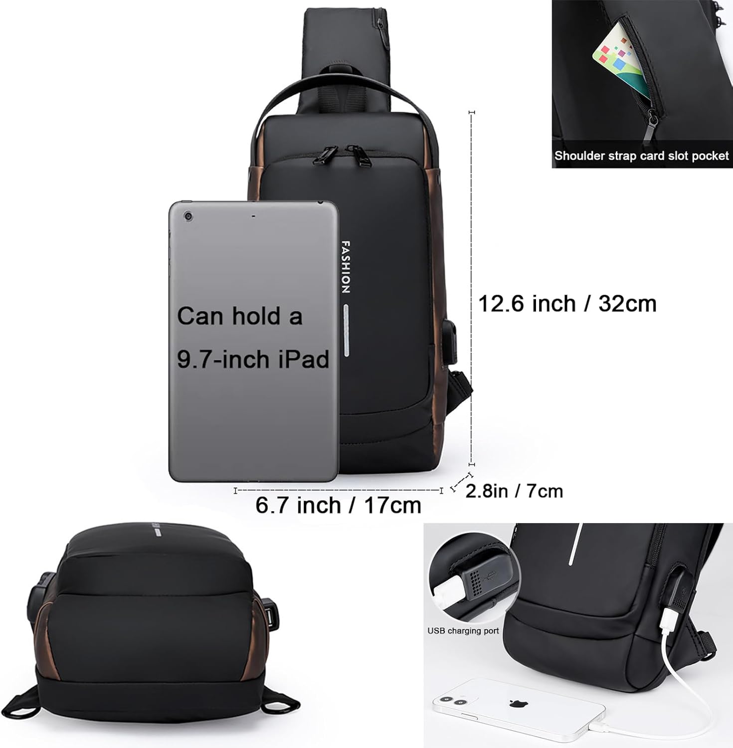 Anti-Theft Sling Bag for Men Waterproof Crossbody Bag with Combination Lock & USB Charging Port Lightweight Chest Backpack for Travel Hiking (Black) - Image 5