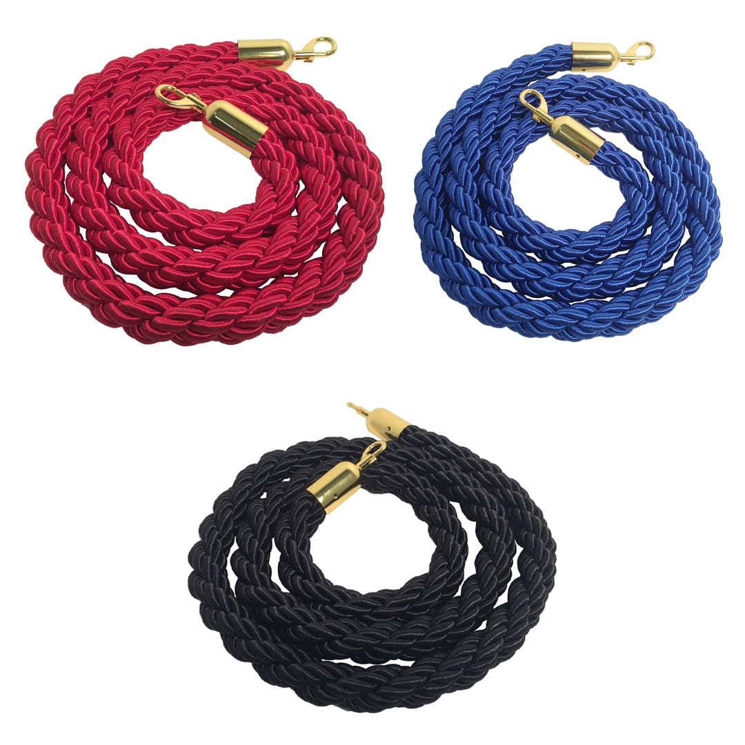 Danieli Store - Cuerda de Barrera Negro 2mt para Postes Separadores - Cordón Trenzado con Mosquetón en Metal Dorado- Adecuado para Teatros, Museos y Eventos (Negro)