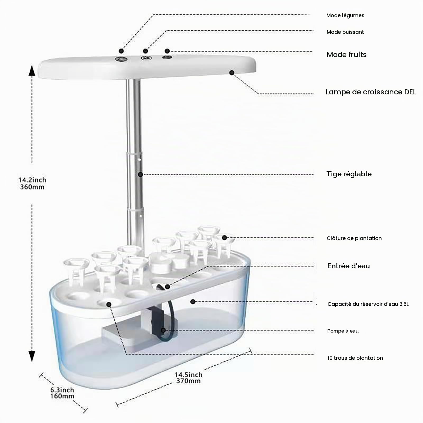 Jardin D'Plant Hydroponique, Lampe LED pour Plantes,10 Pods, Kit De Germination pour Jardin D'Herbes Aromatiques, SystèMe De Pompe Silencieux, éCran Tactilehauteur RéGlable (Blanc)