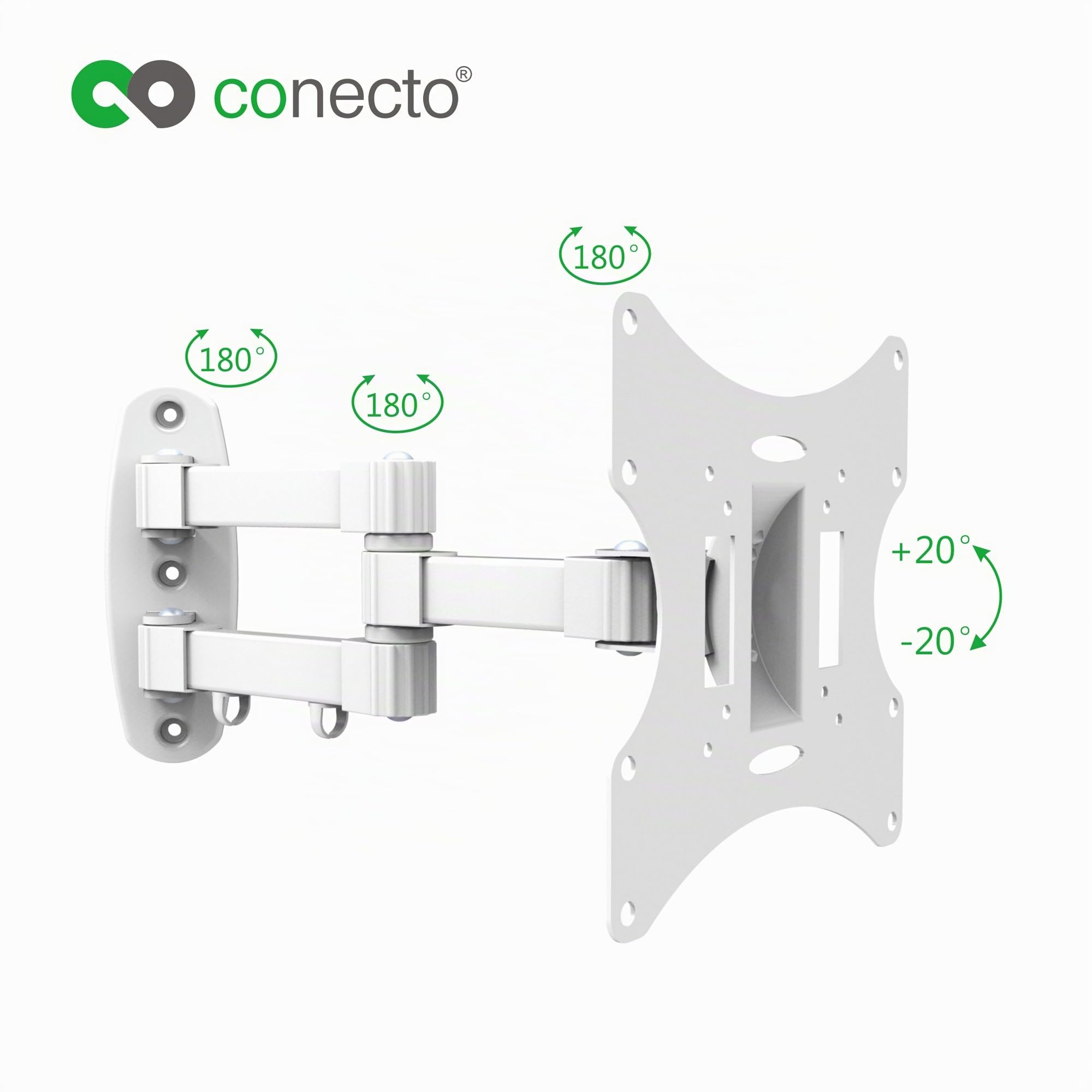 conecto supporto a parete per dispositivi TV/monitor con 58-107 cm (23-42"), VESA 200x200, inclinabile: +/-20°, girevole: +/-90°, distanza parete: 10-39,3 cm, carico max: 30 kg, bianco