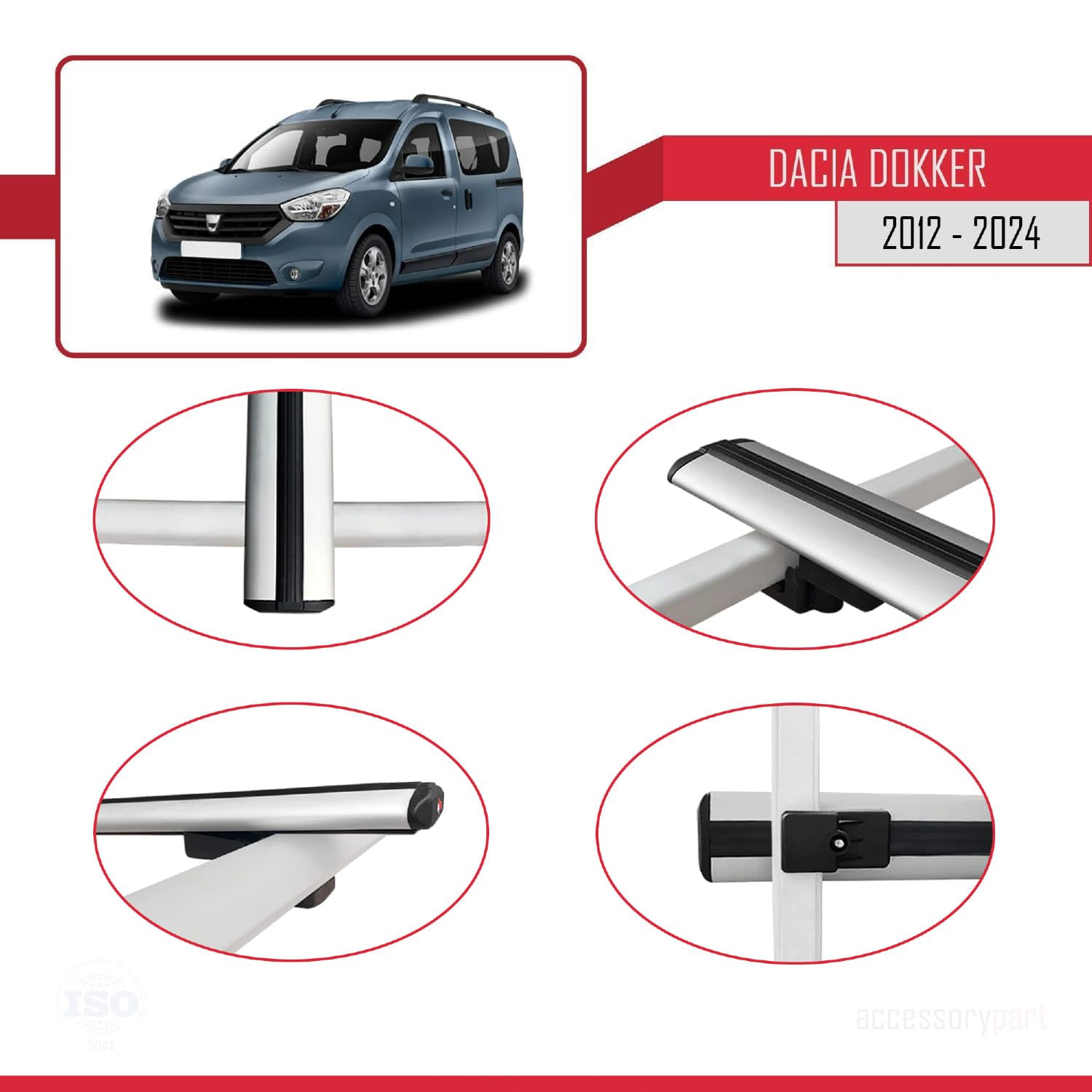 Kompatybilny z Compatible with Dacia Dokker (K67) 2012-2024 BASIC Model Aluminiowy bagażnik dachowy 3 poprzeczki, szary