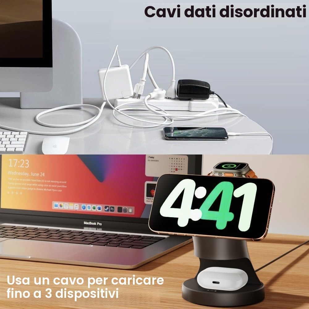 Stazione di ricarica per Apple Watch e iPhone, stazione di ricarica induttiva 3 in 1 con caricatore Magsafe Wireless Charger compatibile con iPhone 17 16 15 14 13 12 Air/Pro Max, per Apple Watch e