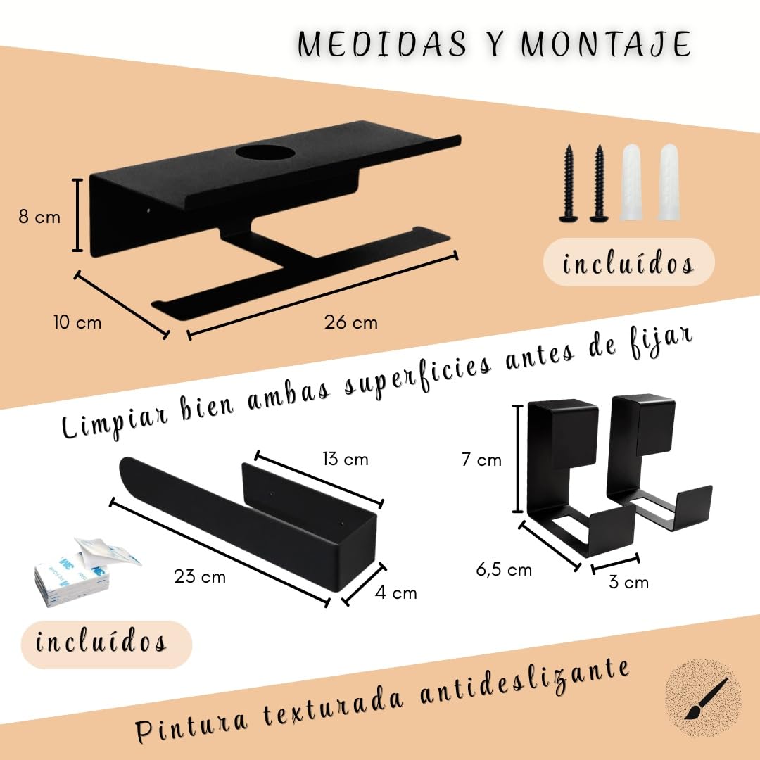 Accesorios Baño sin Taladro - Set de Baño 4 Piezas (Portarrollos Doble con Balda, Toallero y 2 Ganchos) - Accesorios Baño Negro Mate Texturizado - Kit de Instalación Incluido para un Montaje Sencillo