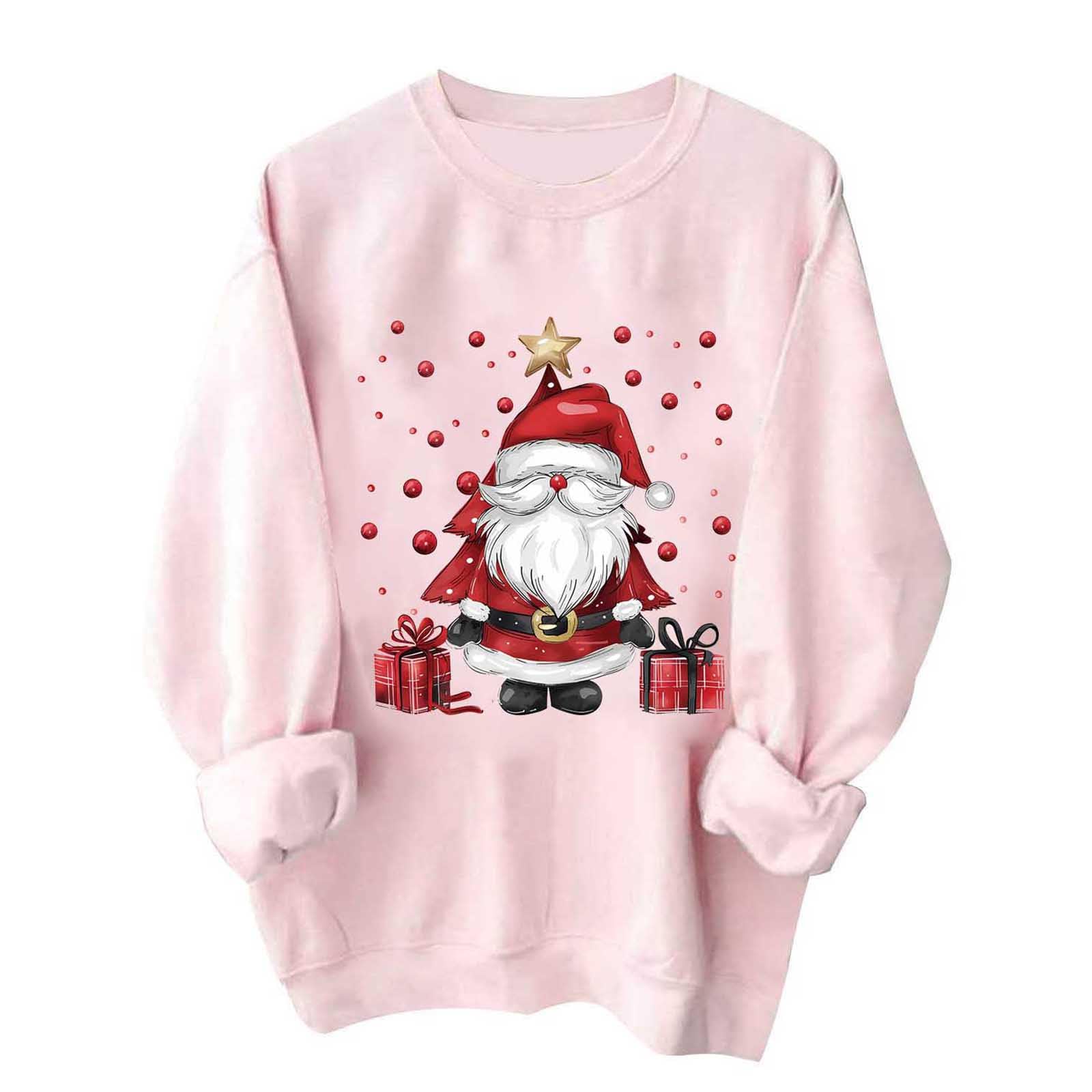 Pink Christmas Sweatshirts for Women Novelty Funny Santa Xmas Tree Graphic Pullover Tops Loose Casual Fleece Shirts