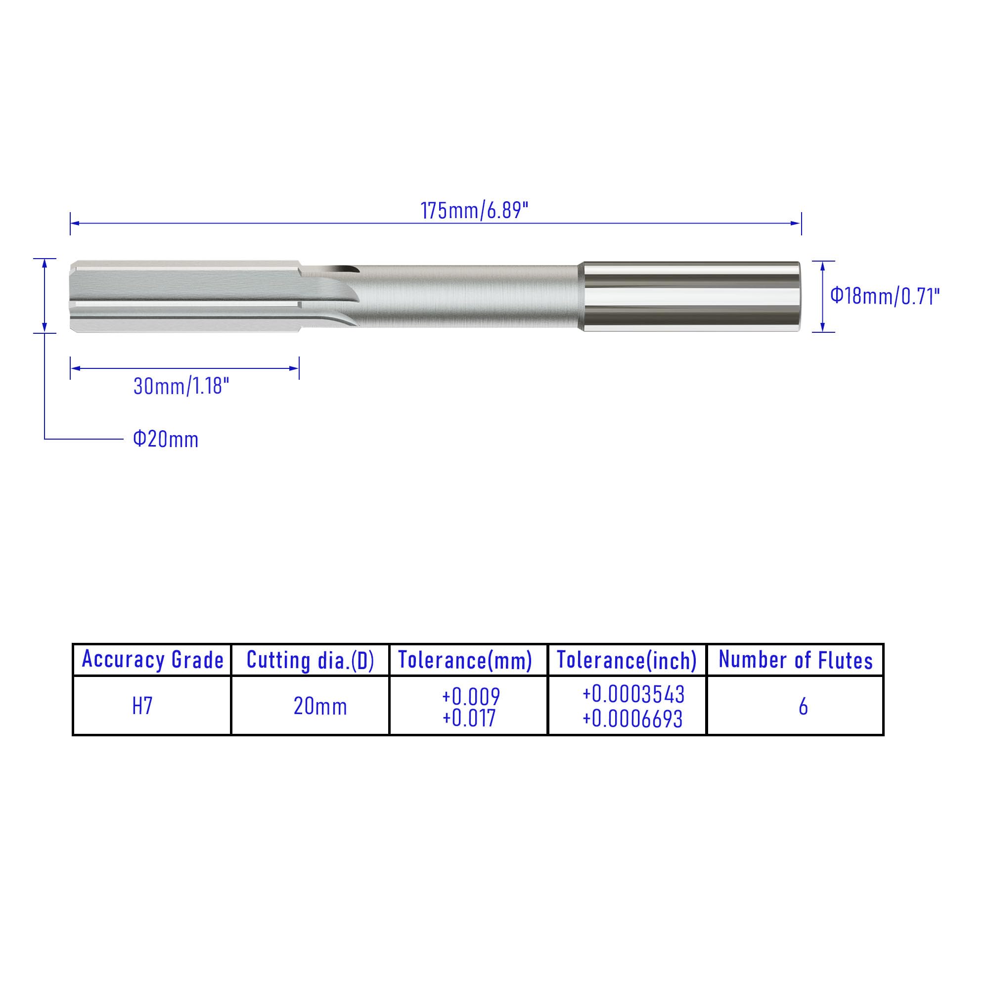 FOCMKEAS Chucking Reamer 20mm, H7 HSS Cobalt M35 Lathe Machine Reamer Metric, 6 Straight Flutes - Image 2