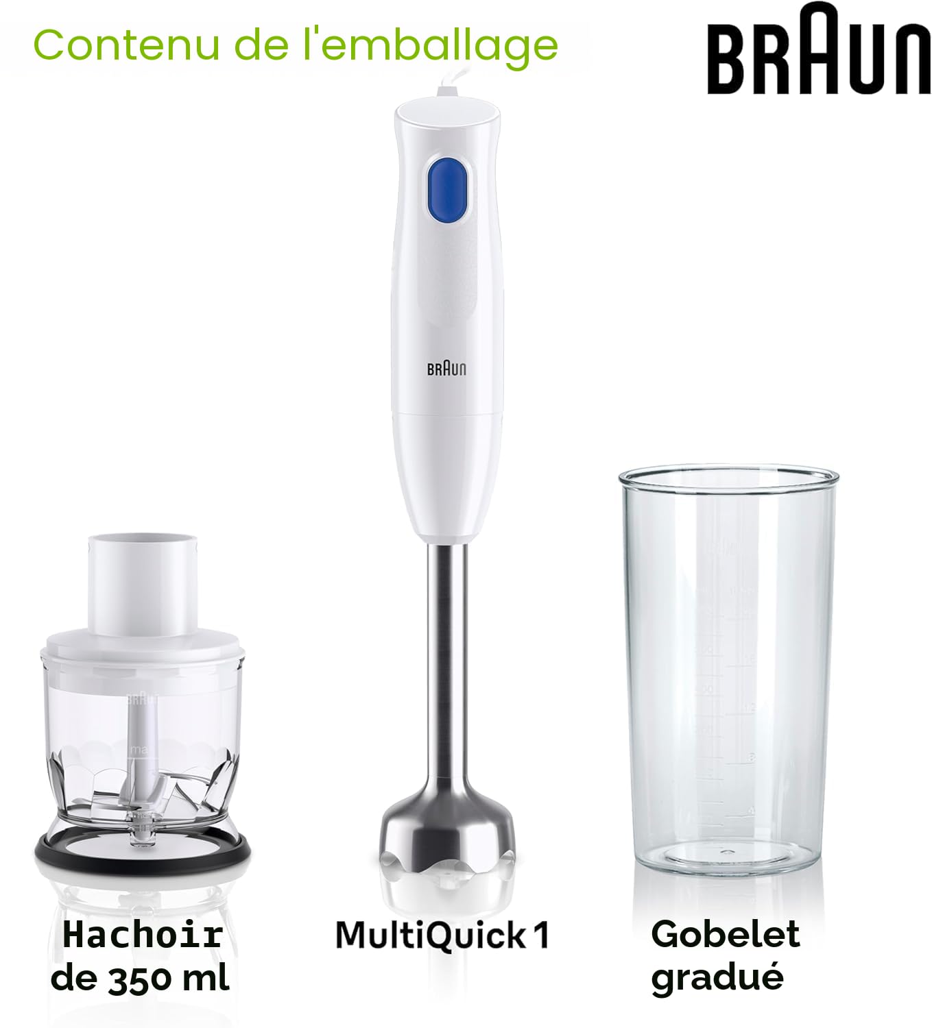 Braun MultiQuick 1 - Mixeur Plongeant Léger avec mini-hachoir pour Soupes, Smoothies et Purées Bébé, Verre Doseur 600 mL, 450W, Blanc (MQ10.201MWH)
