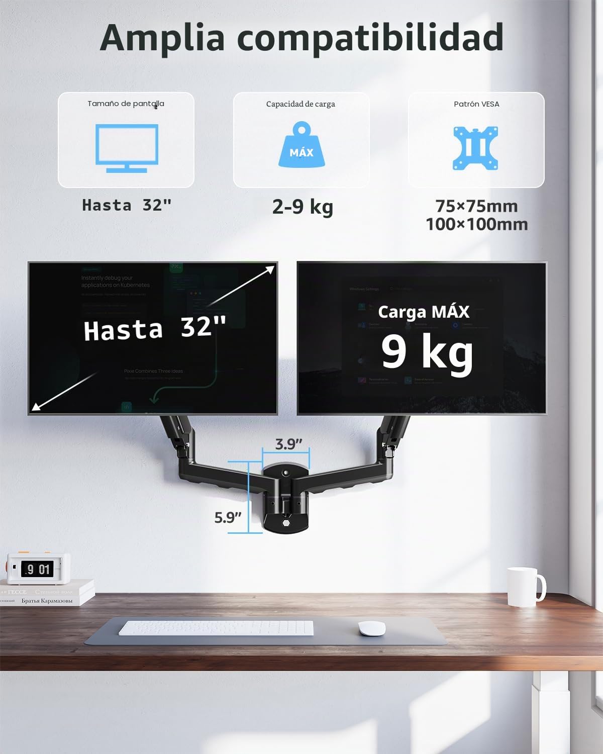 ELIVED Soporte de Pared para Monitor Dual para MAX. 32 Pulgadas hasta 9 kg, VESA 75/100 mm, Gas Lift PC 2 Soporte de Monitor de Pared 360° Giratorio EV6022