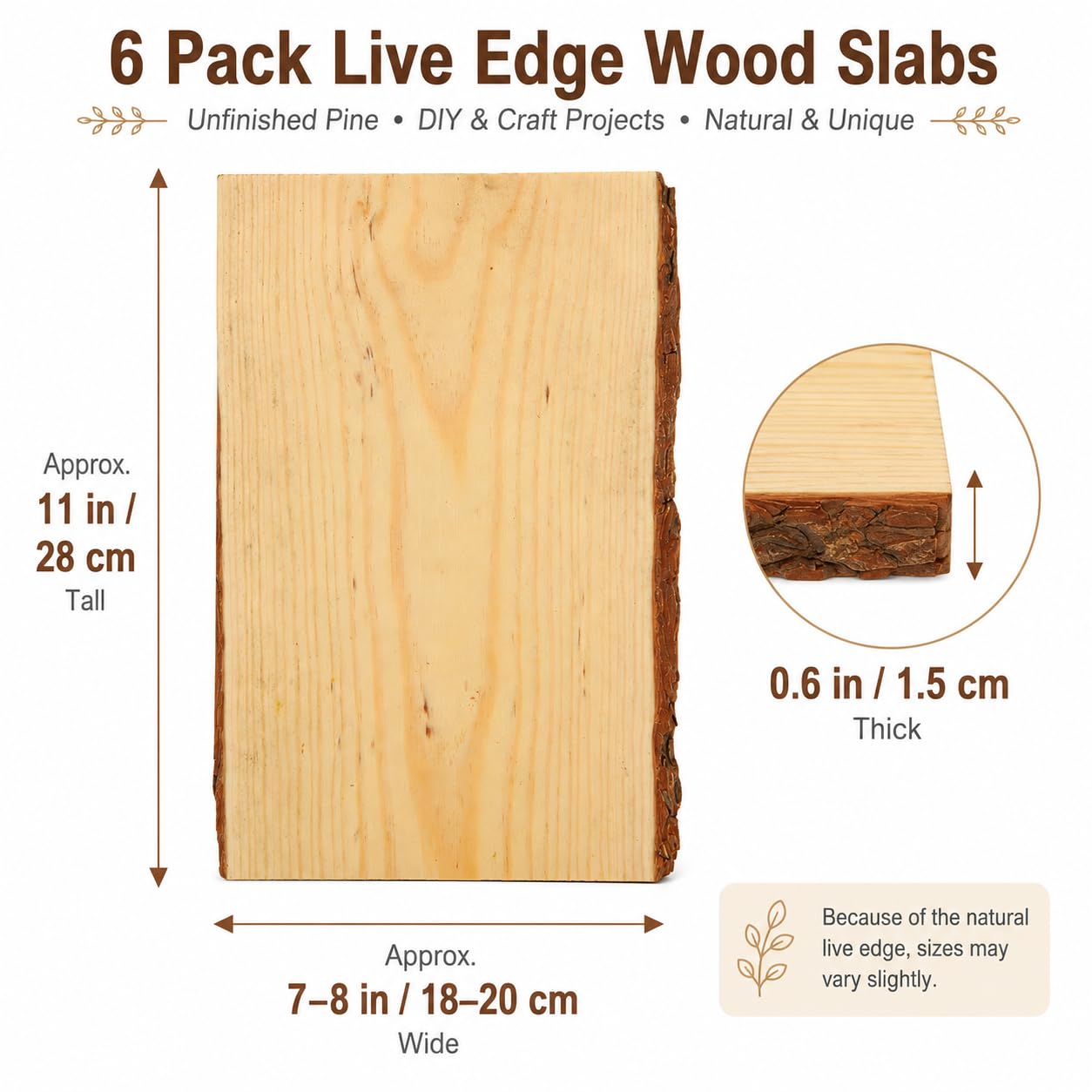 Paquete de 6 tablones rectangulares de madera, 7-9 pulgadas de ancho x 11 pulgadas de largo, madera artesanal con losa de madera de borde vivo, tablón de pino rústico para decoración del hogar,