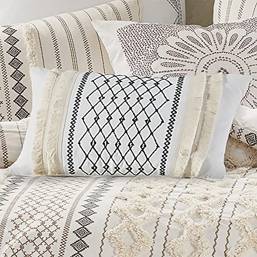 Ink+Ivy Bea Mid Century Modern Cotton Oblong Decorative Pillow Sofa Cushion Lumbar, Back Support, 12" X 20", Geometric Embroidery Ivory #TOP1